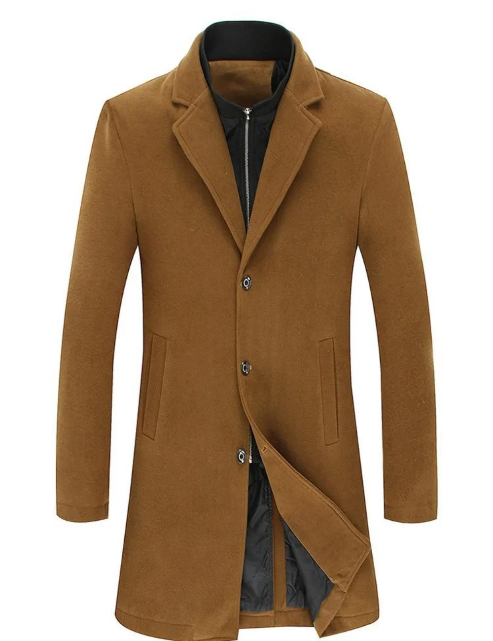 Mens Wool Blend Dual Collar Classic Mid Length Coat in Brown