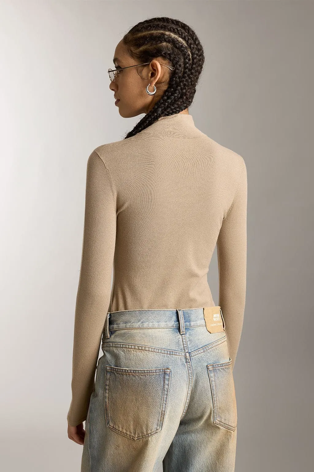 Mock Turtleneck Embroidered Knit Top