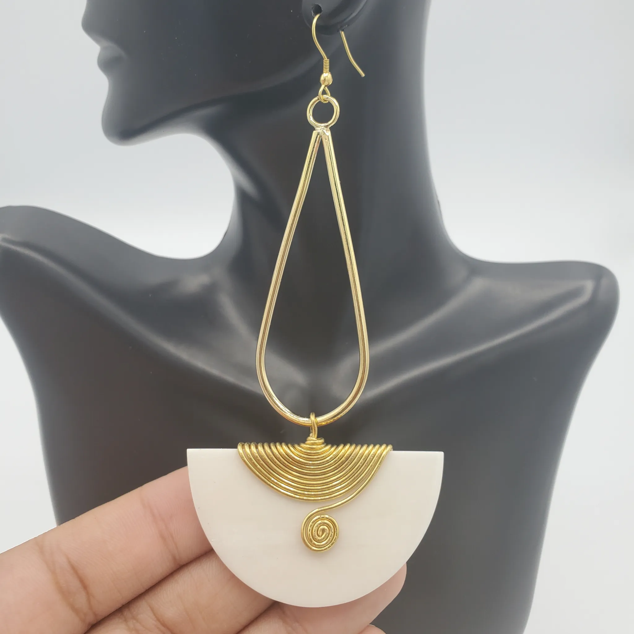 Oval Batik Bone & Brass Earrings, White