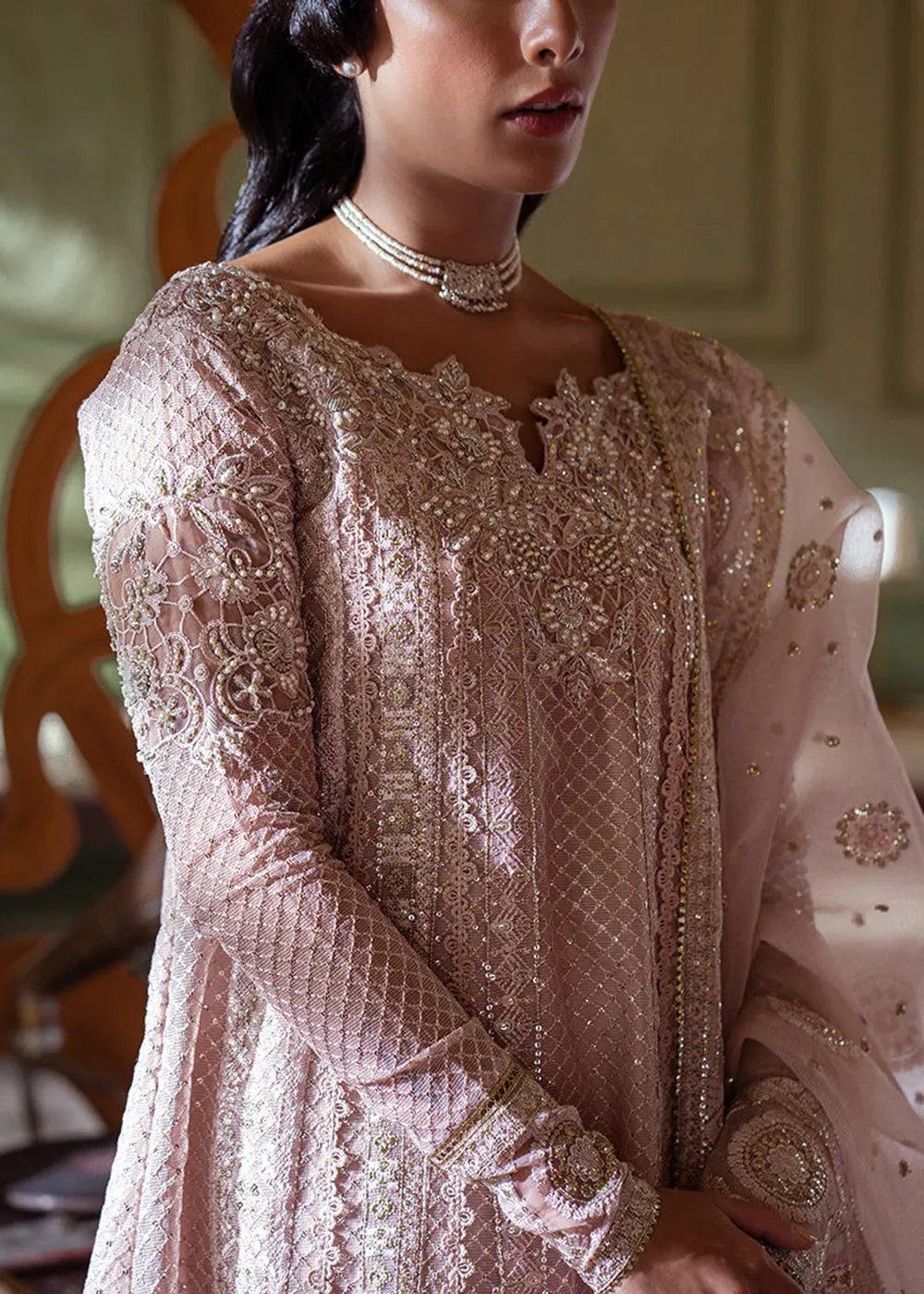 Pink Organza Net Pakistani Suit | Mushq | Qala Kamdaani | Inaya