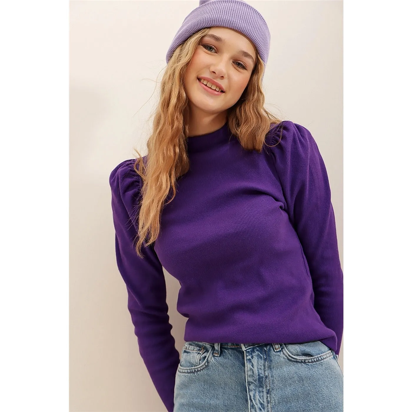 Purple Puff Shoulder Turtleneck Top