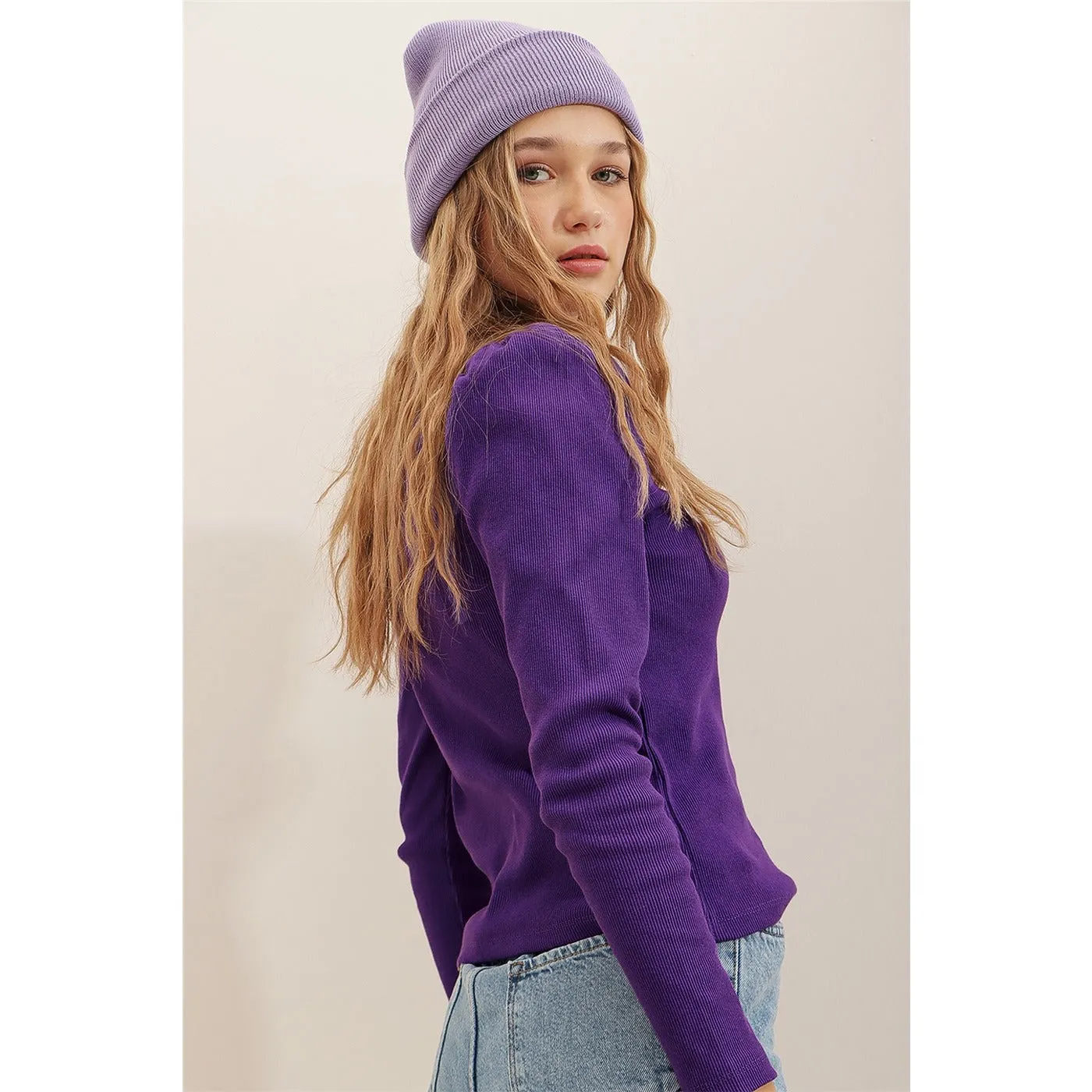 Purple Puff Shoulder Turtleneck Top