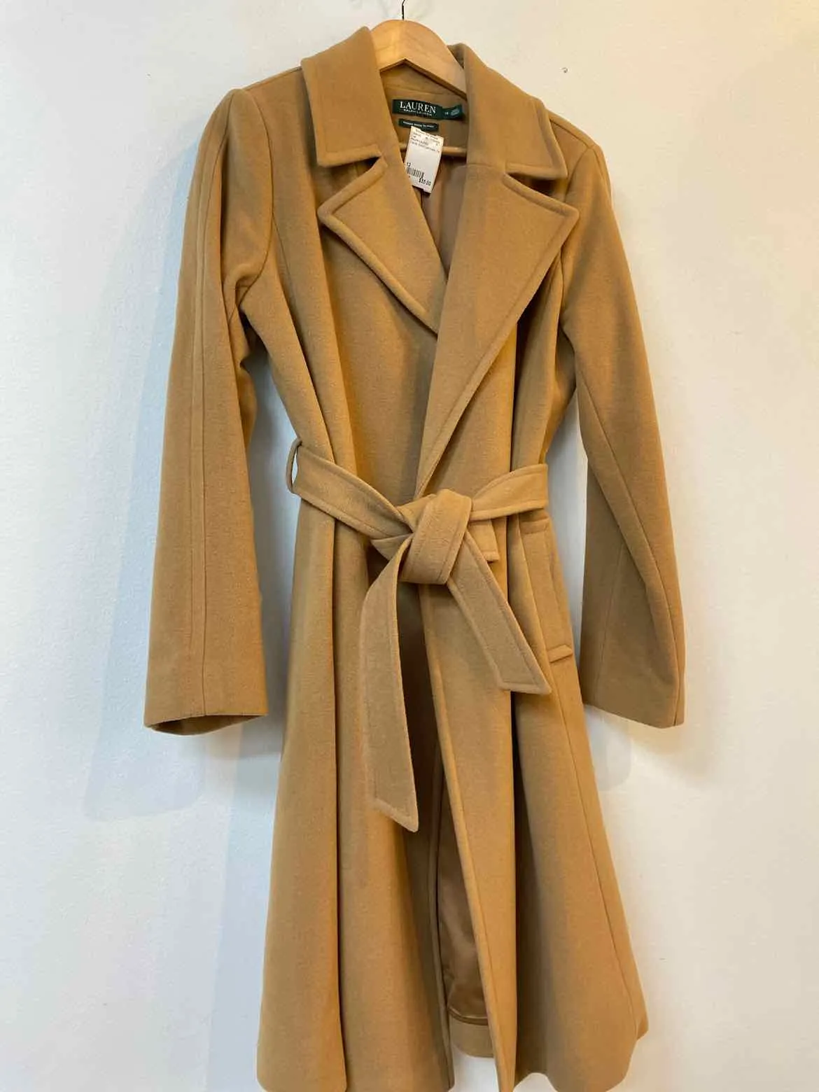 RALPH LAUREN Size 12 Camel Wool/Cashmere Tie Coat