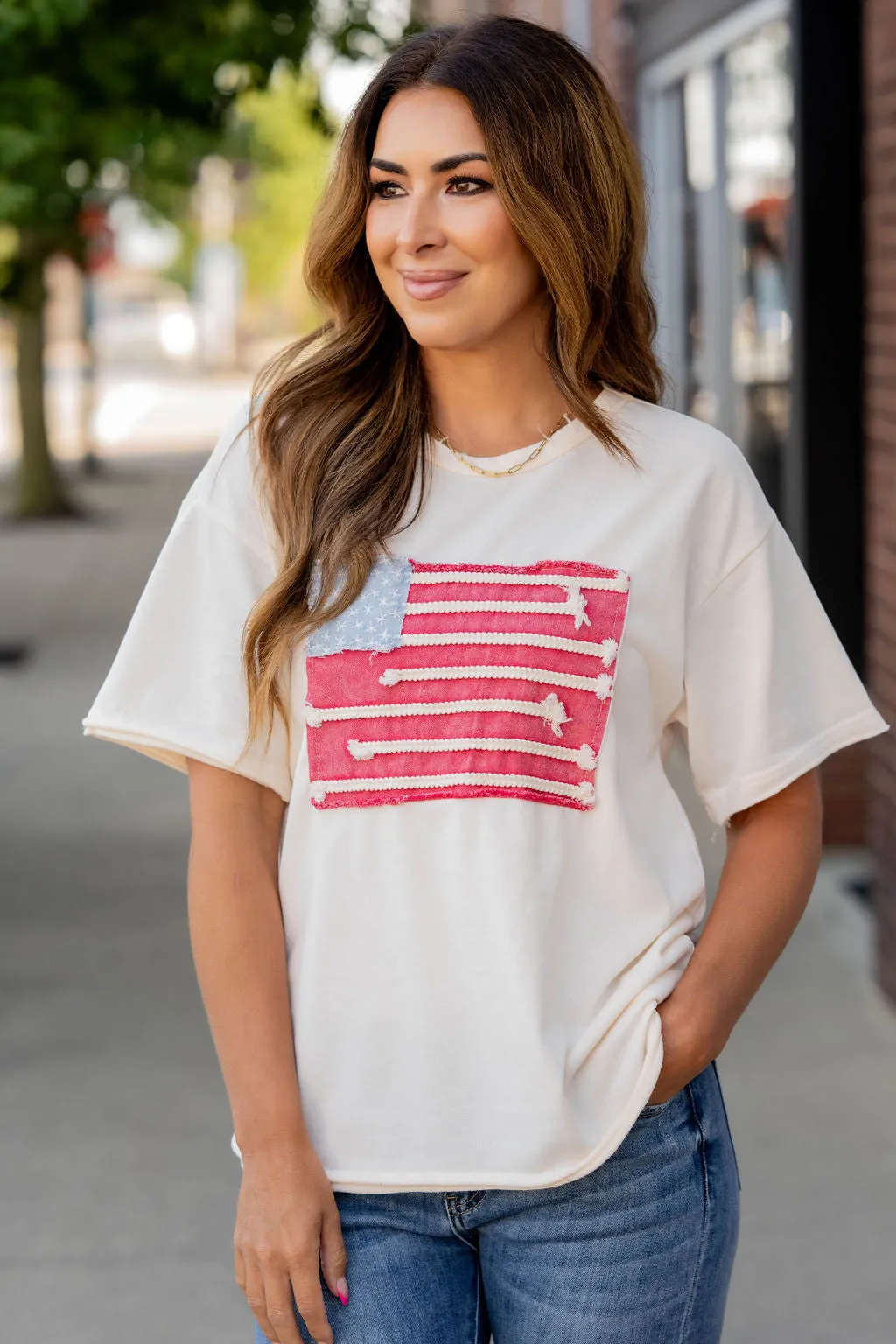 Raw Stitched American Flag Tee