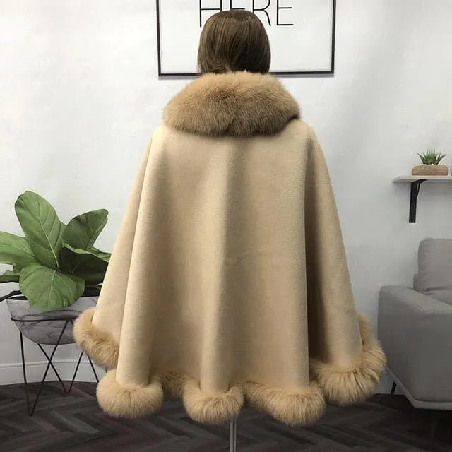 Real Fox Fur Coats - Luxurious, Warm & Timeless - V-Neck, Batwing Sleeves, Cashmere Blend - Sizes Available