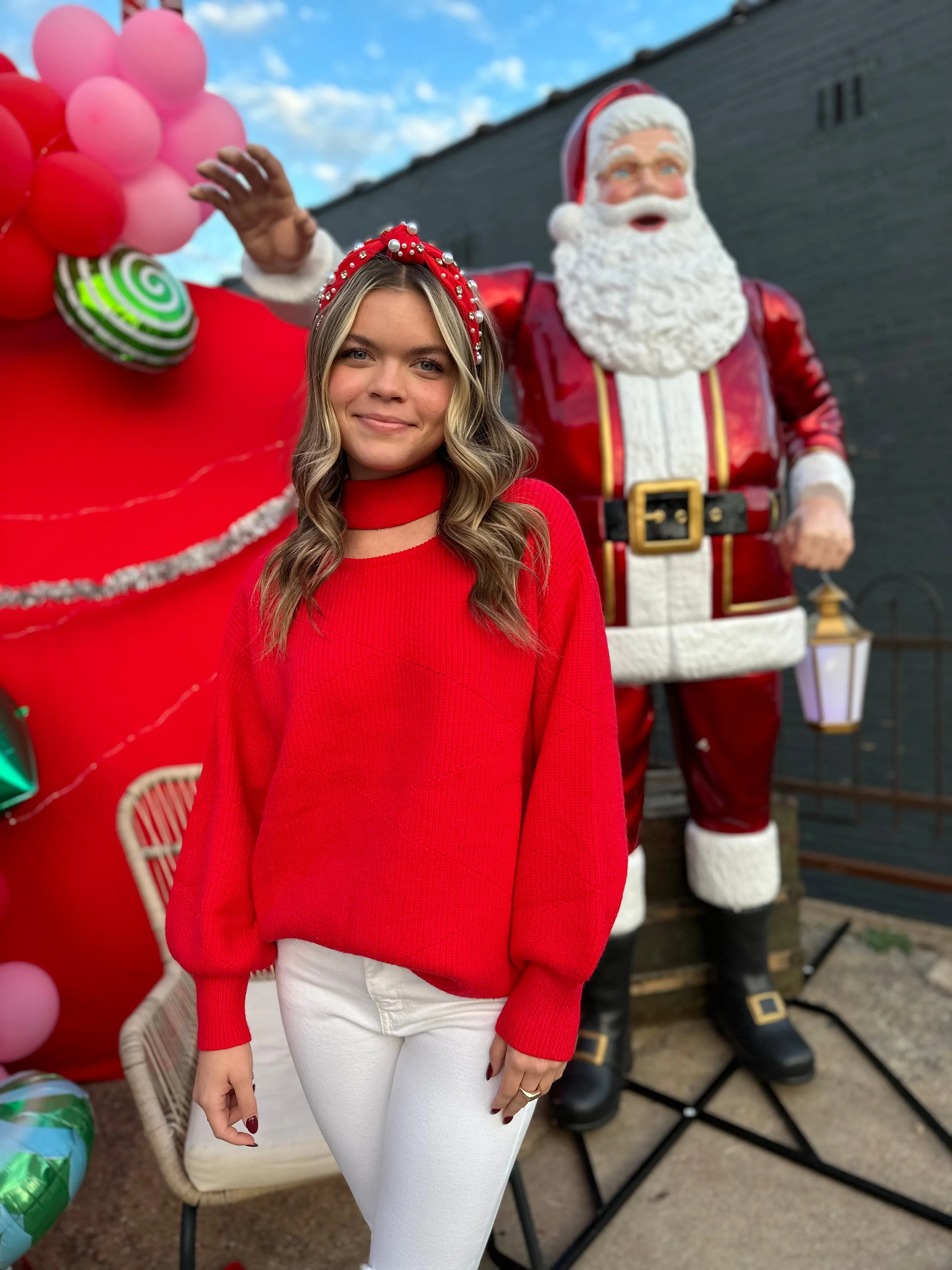 Red turtleneck open chest sweater