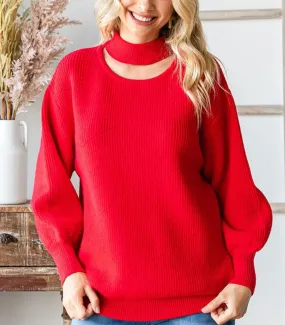 Red turtleneck open chest sweater