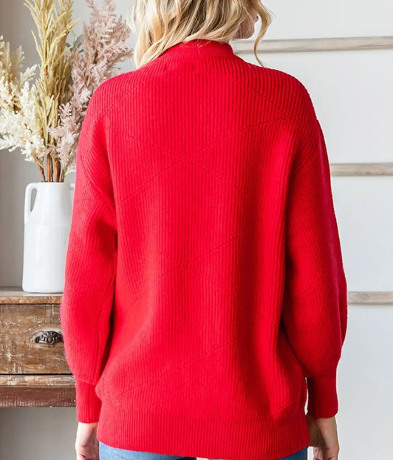 Red turtleneck open chest sweater