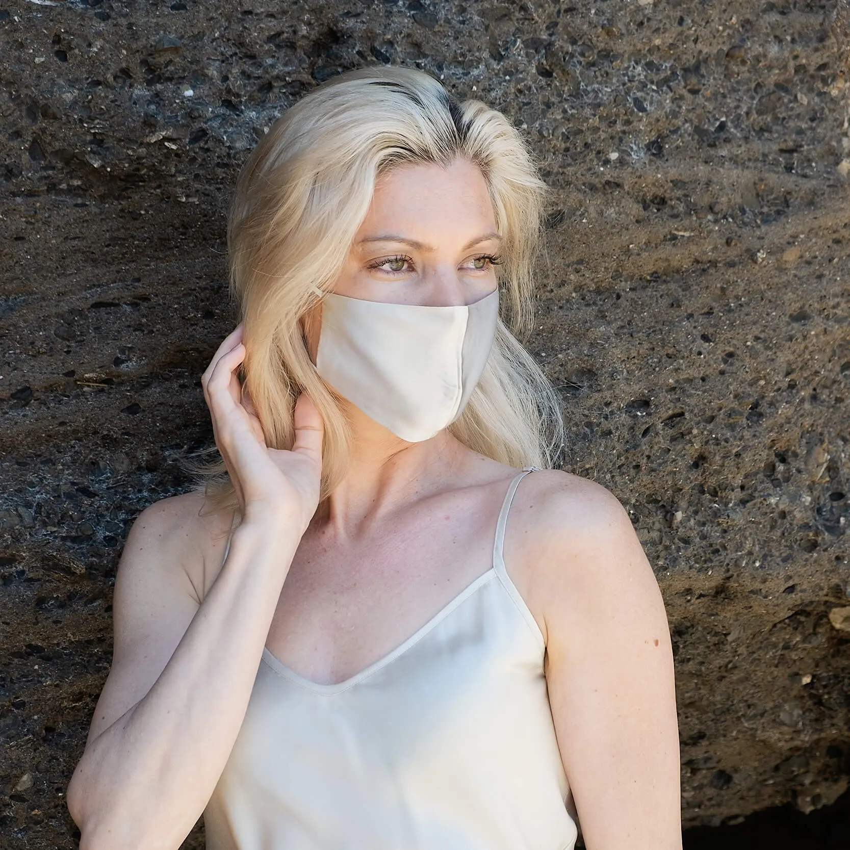 Reusable Silk 3D Face Covering Mask- Double Layer - Adjustable Ear Loops - Champagne - Standard Size