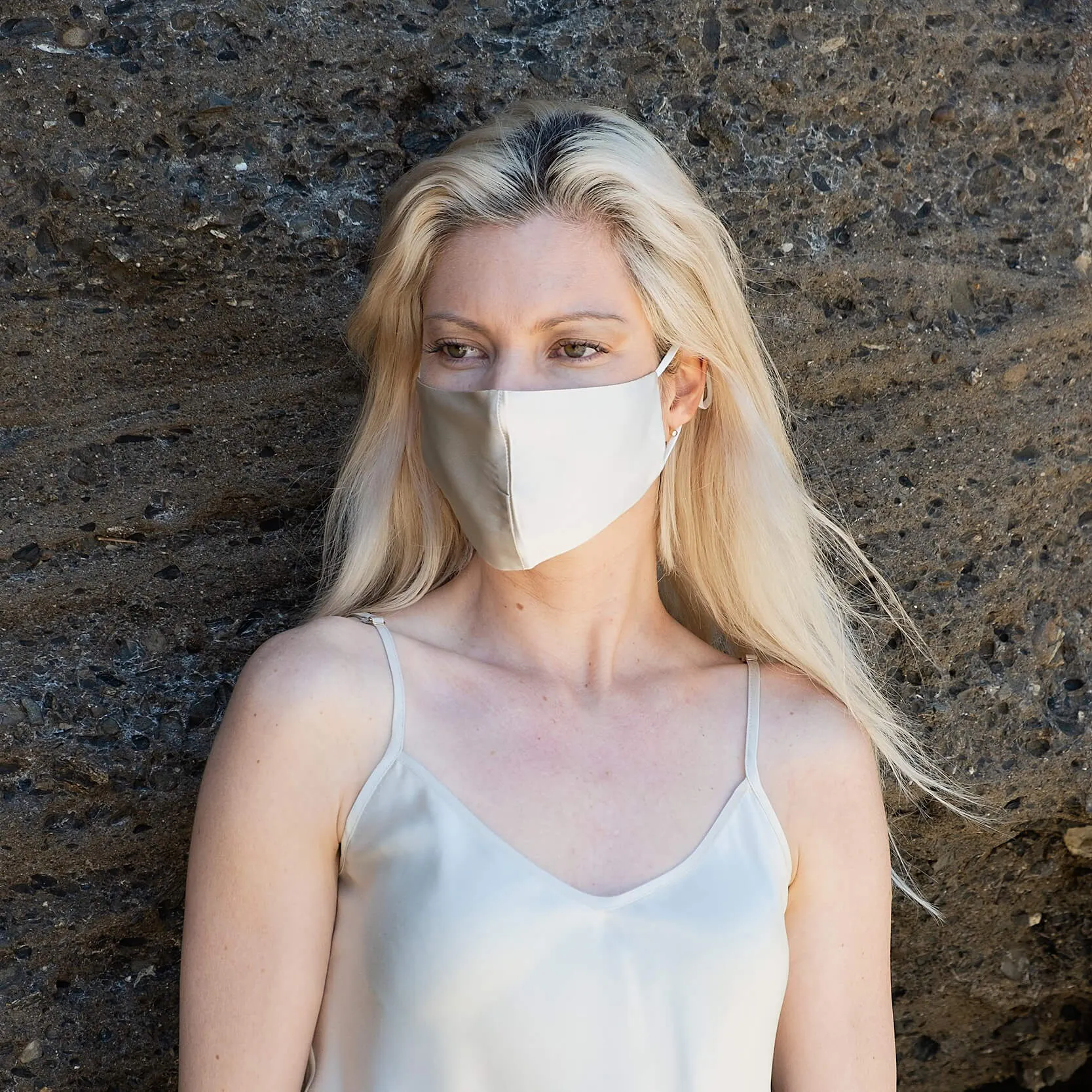 Reusable Silk 3D Face Covering Mask- Double Layer - Adjustable Ear Loops - Champagne - Standard Size