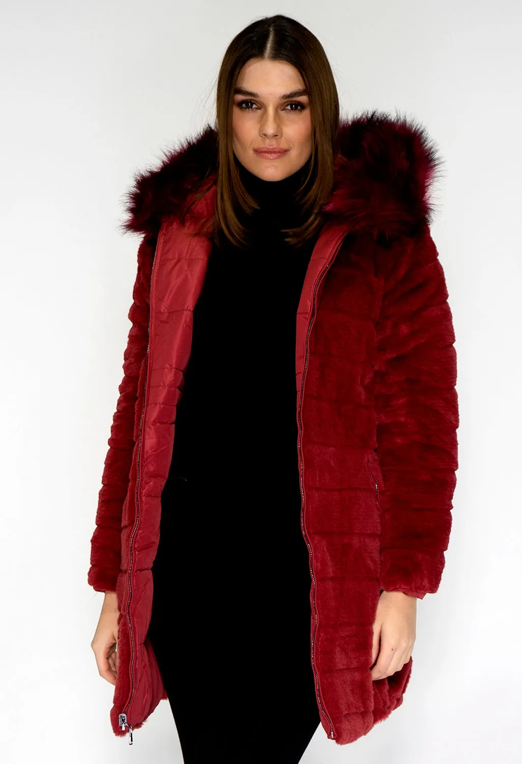 Reversible Wine Coat with Detachable Faux Fur Hood