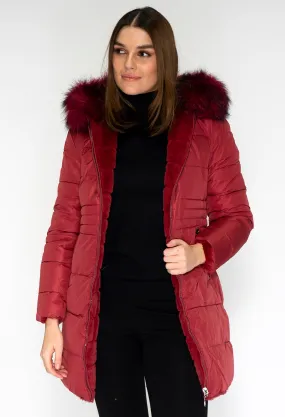 Reversible Wine Coat with Detachable Faux Fur Hood