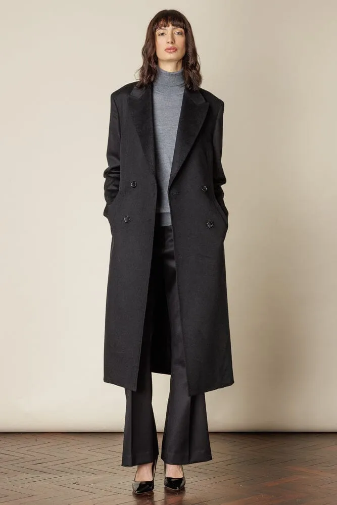 (RTW) Long 4 Button Double Breasted Broad Peak Coat - Black Wool