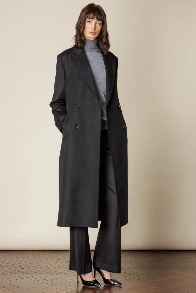 (RTW) Long 4 Button Double Breasted Broad Peak Coat - Black Wool