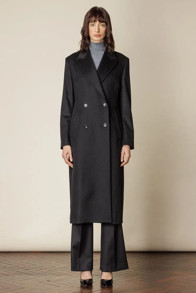 (RTW) Long 4 Button Double Breasted Broad Peak Coat - Black Wool