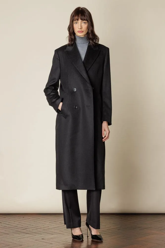 (RTW) Long 4 Button Double Breasted Broad Peak Coat - Black Wool