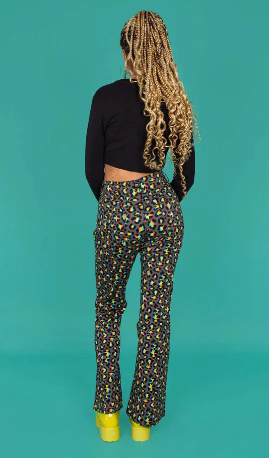 Run & Fly - Grey Rainbow Leopard Print Bell Bottom Flares