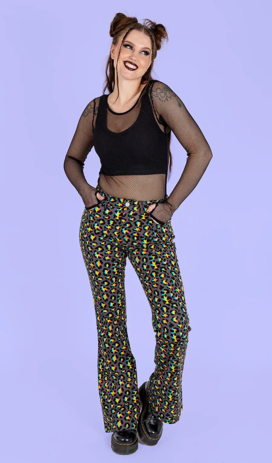 Run & Fly - Grey Rainbow Leopard Print Bell Bottom Flares