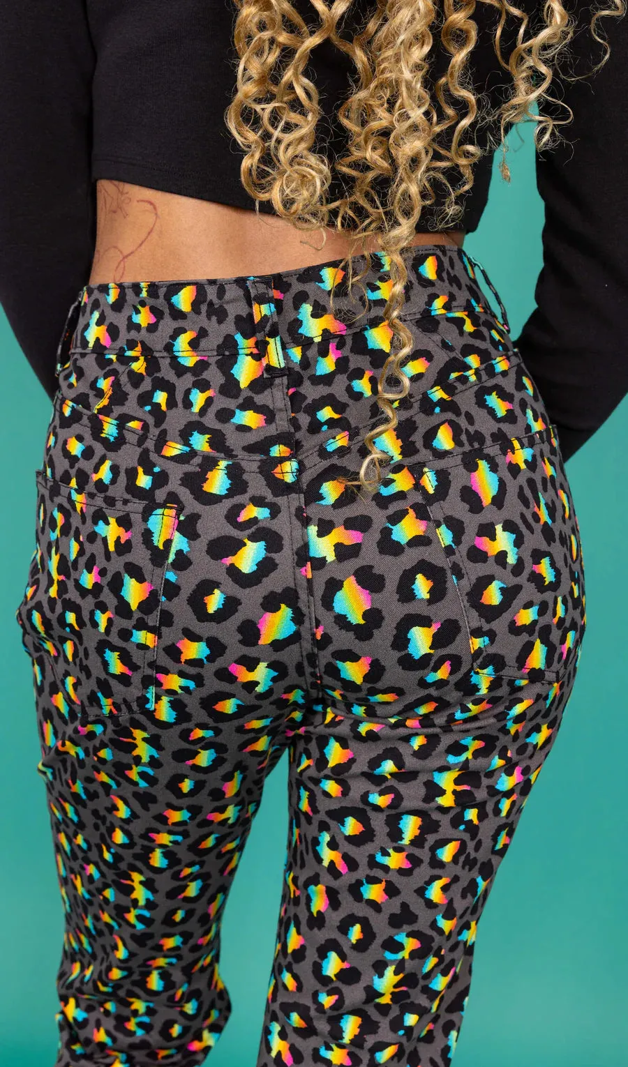 Run & Fly - Grey Rainbow Leopard Print Bell Bottom Flares