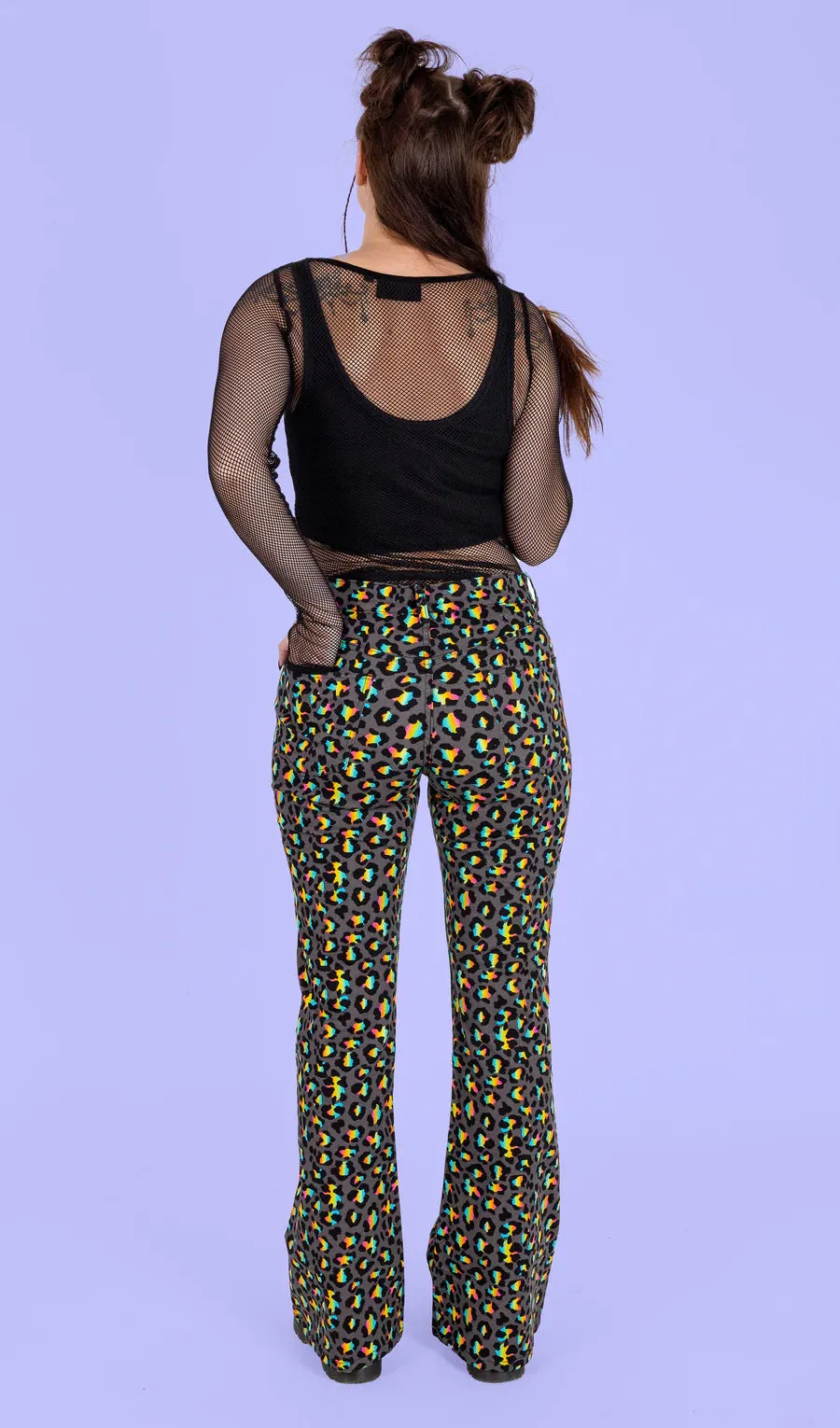 Run & Fly - Grey Rainbow Leopard Print Bell Bottom Flares