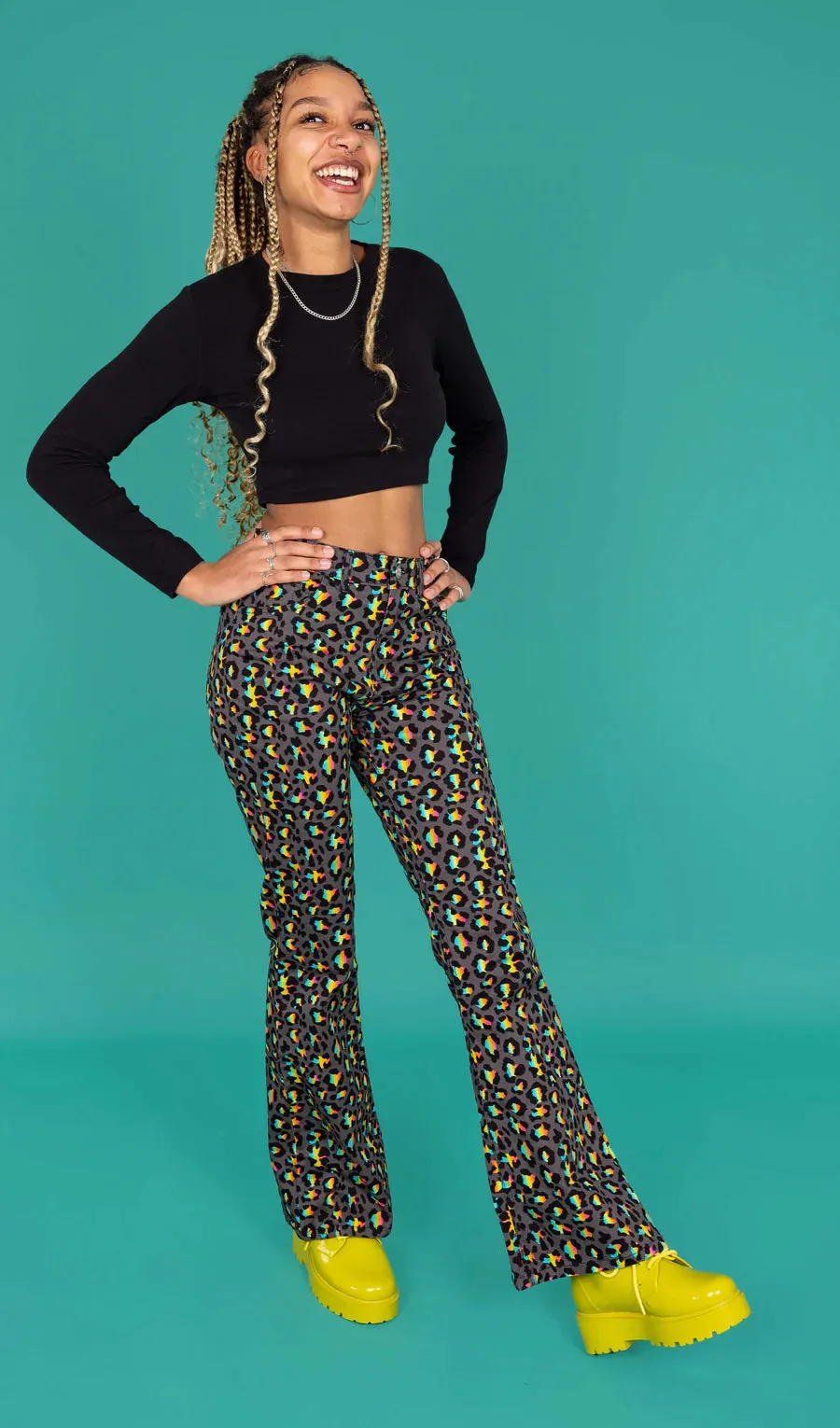 Run & Fly - Grey Rainbow Leopard Print Bell Bottom Flares