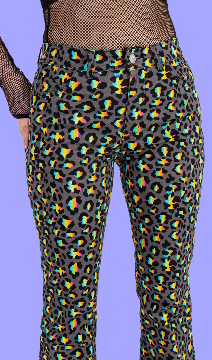 Run & Fly - Grey Rainbow Leopard Print Bell Bottom Flares