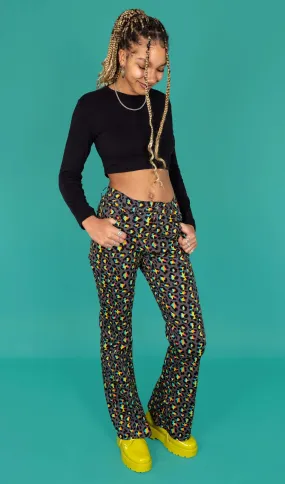 Run & Fly - Grey Rainbow Leopard Print Bell Bottom Flares