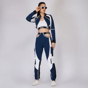 SLAY. Women's Activewear Tracksuit Blue Colorblock Crop Jacket &  High Waist Cargo Pants Co-ord Set