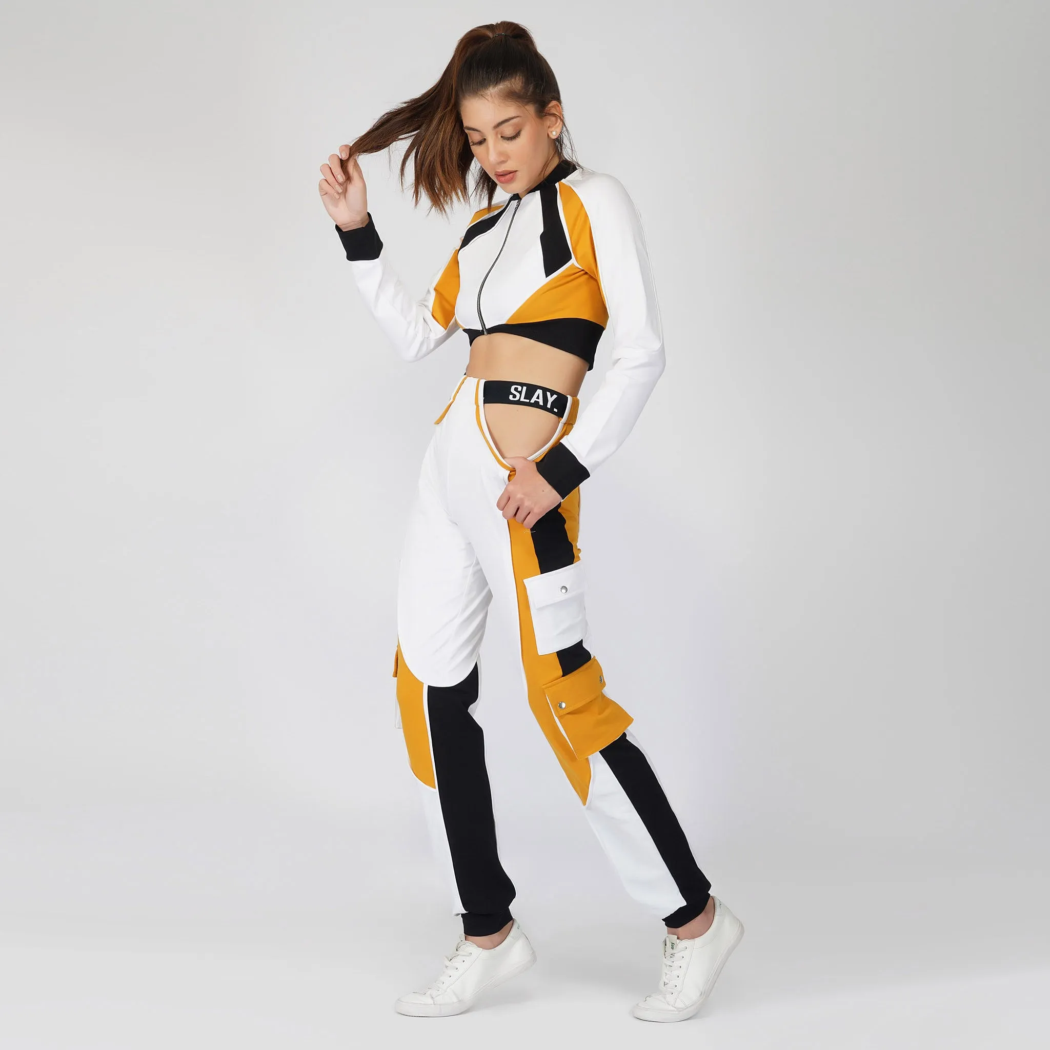 SLAY. Women's Activewear Tracksuit Mustard Colorblock Crop Jacket & Cargo Pants Co-ord Set