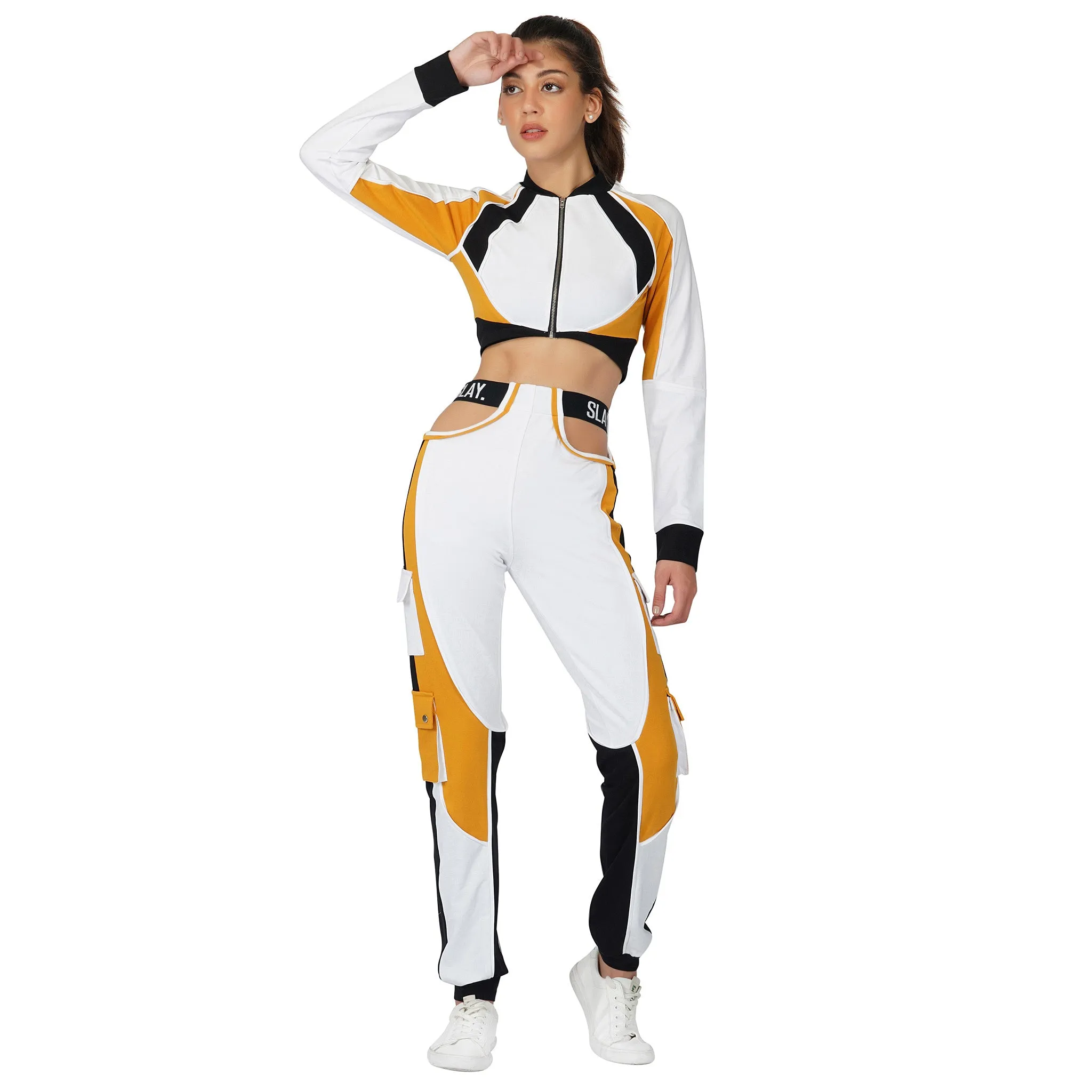 SLAY. Women's Activewear Tracksuit Mustard Colorblock Crop Jacket & Cargo Pants Co-ord Set