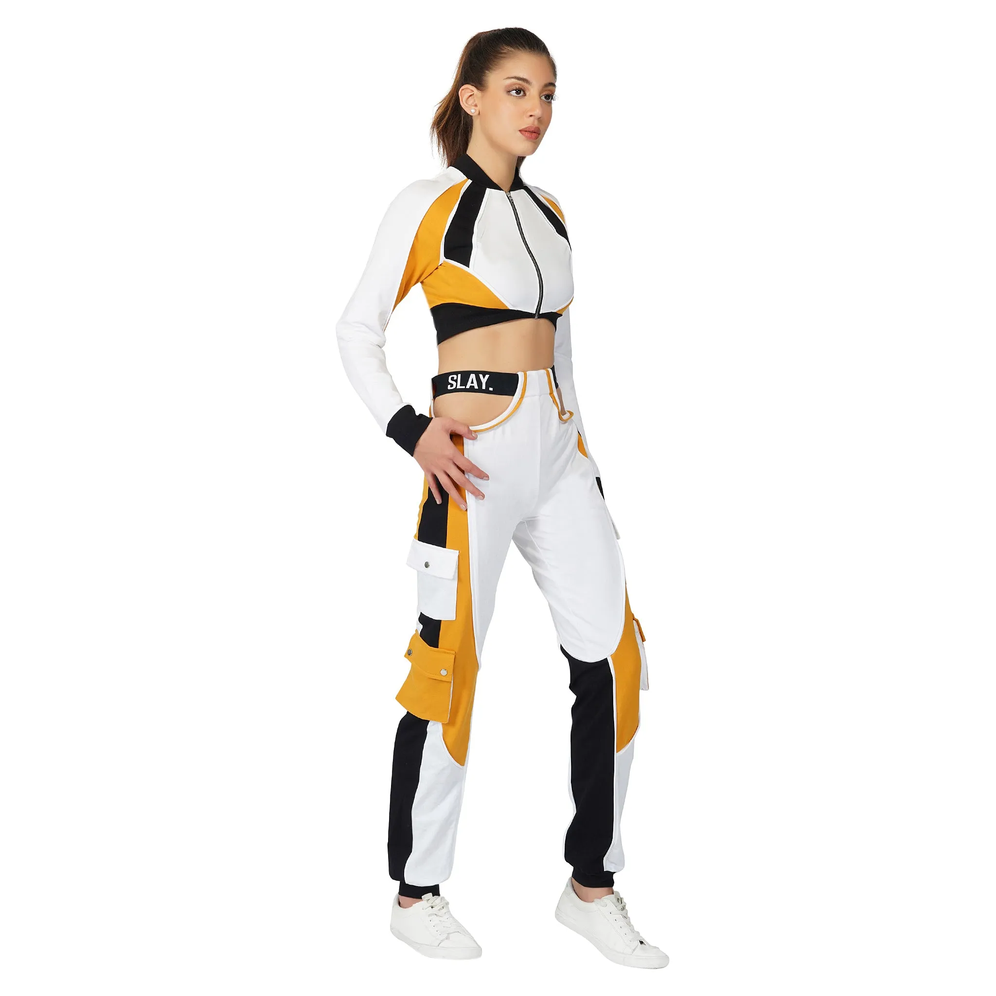 SLAY. Women's Activewear Tracksuit Mustard Colorblock Crop Jacket & Cargo Pants Co-ord Set