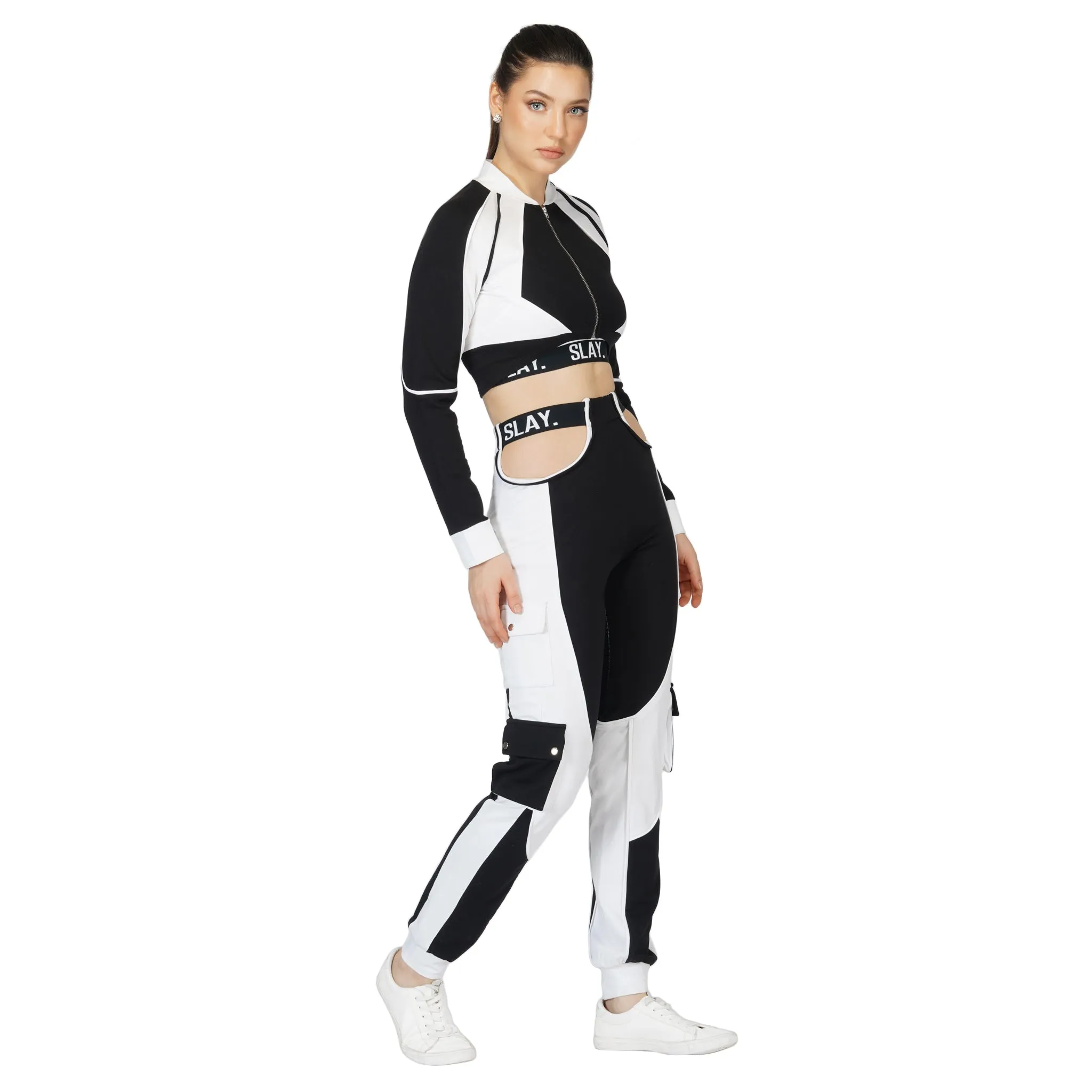 SLAY. Women's Tracksuit - Black & White Colorblock Crop Jacket & High Waist Cargo Pants Co-ord Set