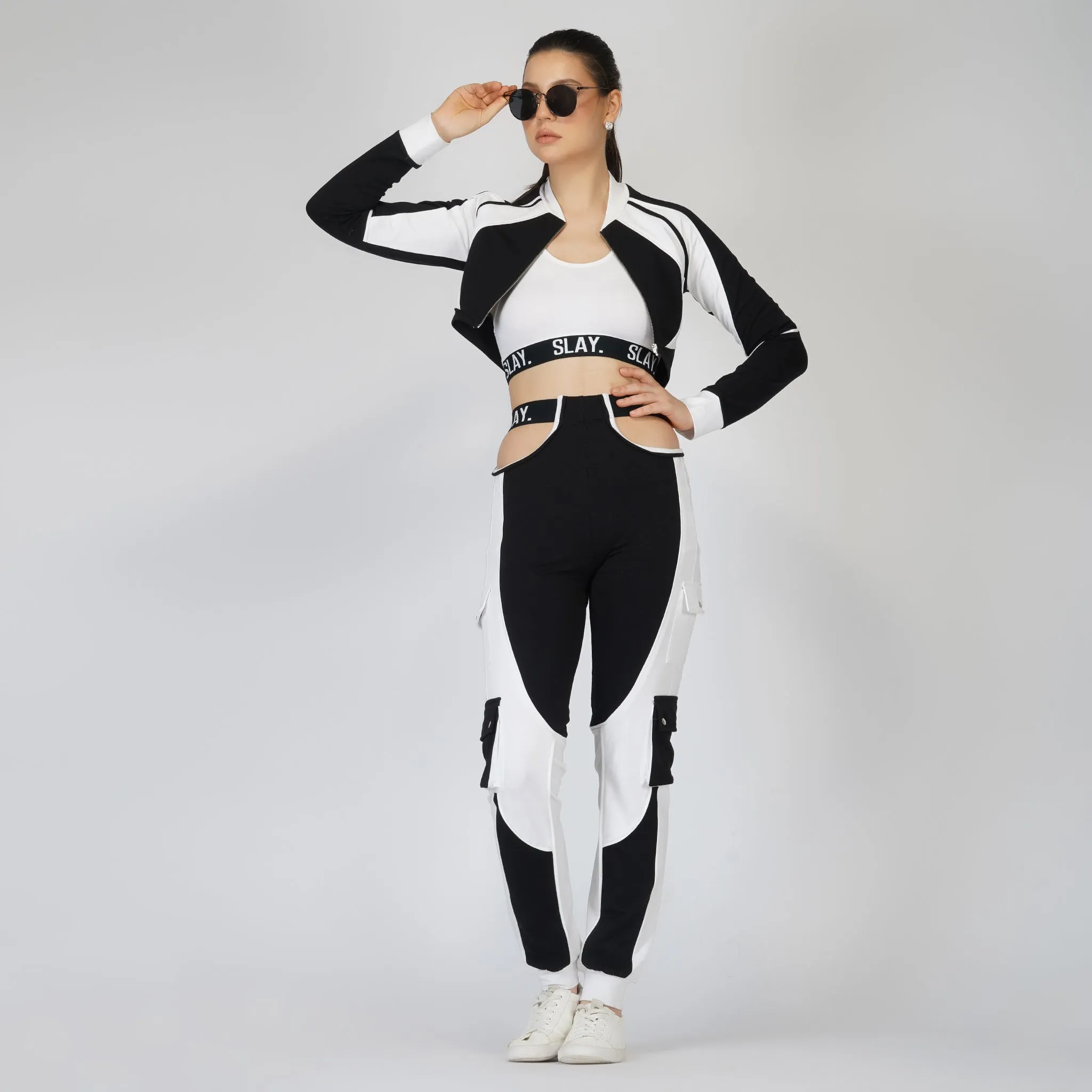 SLAY. Women's Tracksuit - Black & White Colorblock Crop Jacket & High Waist Cargo Pants Co-ord Set