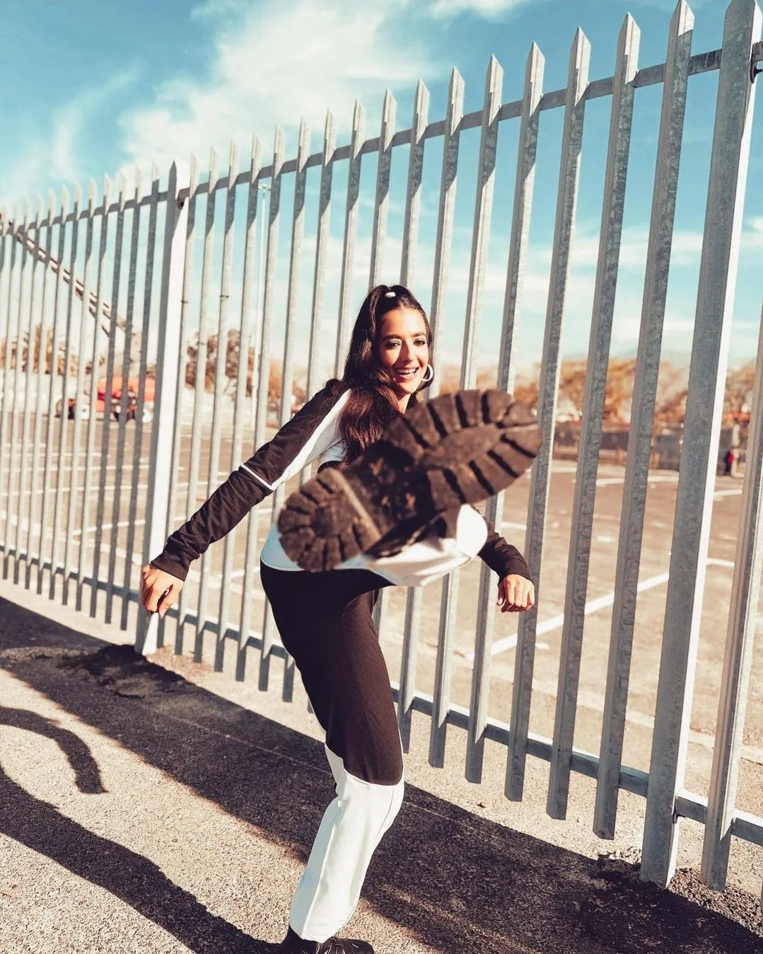 SLAY. Women's Tracksuit - Black & White Colorblock Crop Jacket & High Waist Cargo Pants Co-ord Set