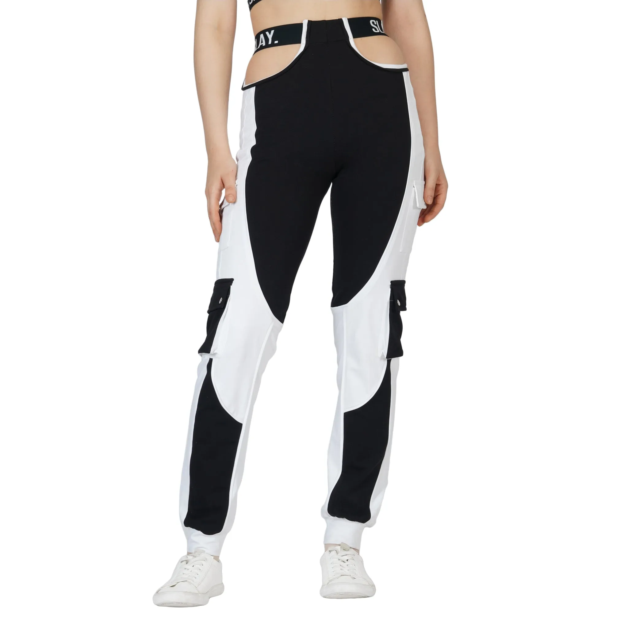 SLAY. Women's Tracksuit - Black & White Colorblock Crop Jacket & High Waist Cargo Pants Co-ord Set