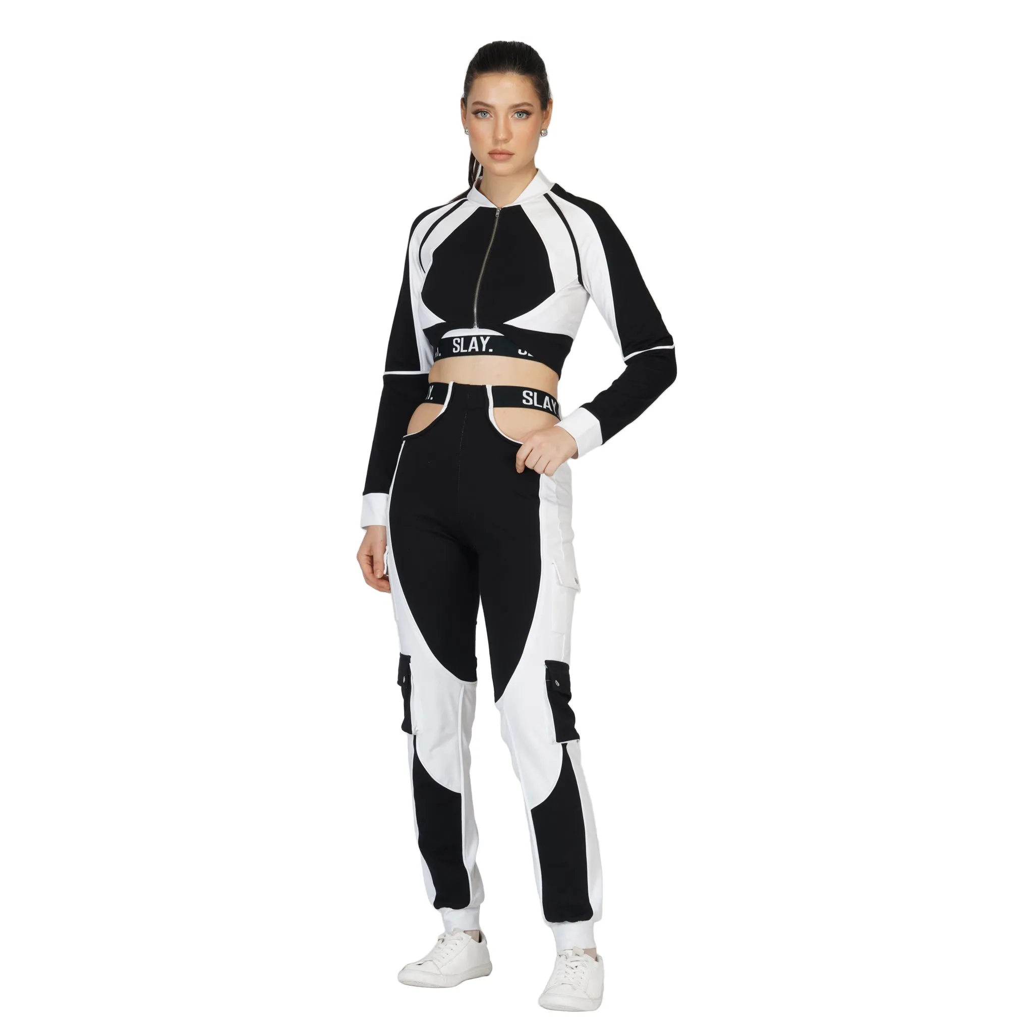 SLAY. Women's Tracksuit - Black & White Colorblock Crop Jacket & High Waist Cargo Pants Co-ord Set