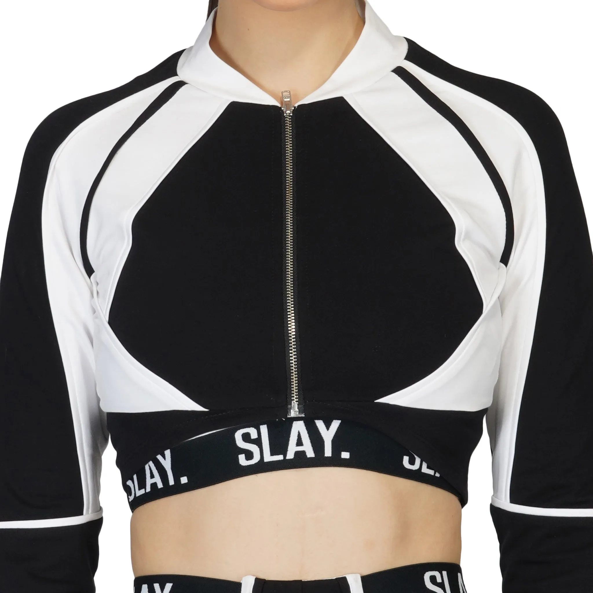 SLAY. Women's Tracksuit - Black & White Colorblock Crop Jacket & High Waist Cargo Pants Co-ord Set