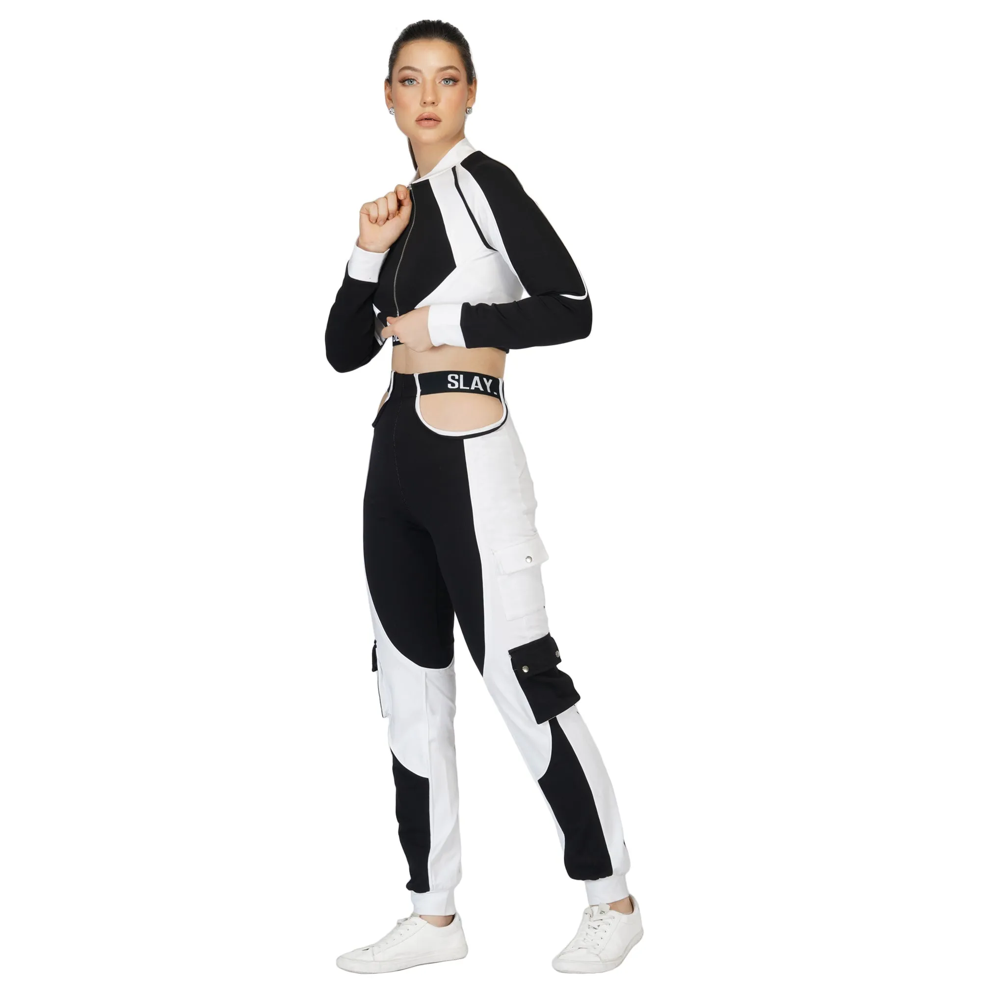 SLAY. Women's Tracksuit - Black & White Colorblock Crop Jacket & High Waist Cargo Pants Co-ord Set