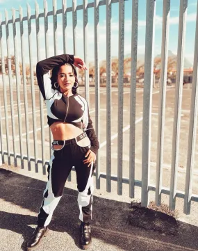 SLAY. Women's Tracksuit - Black & White Colorblock Crop Jacket & High Waist Cargo Pants Co-ord Set