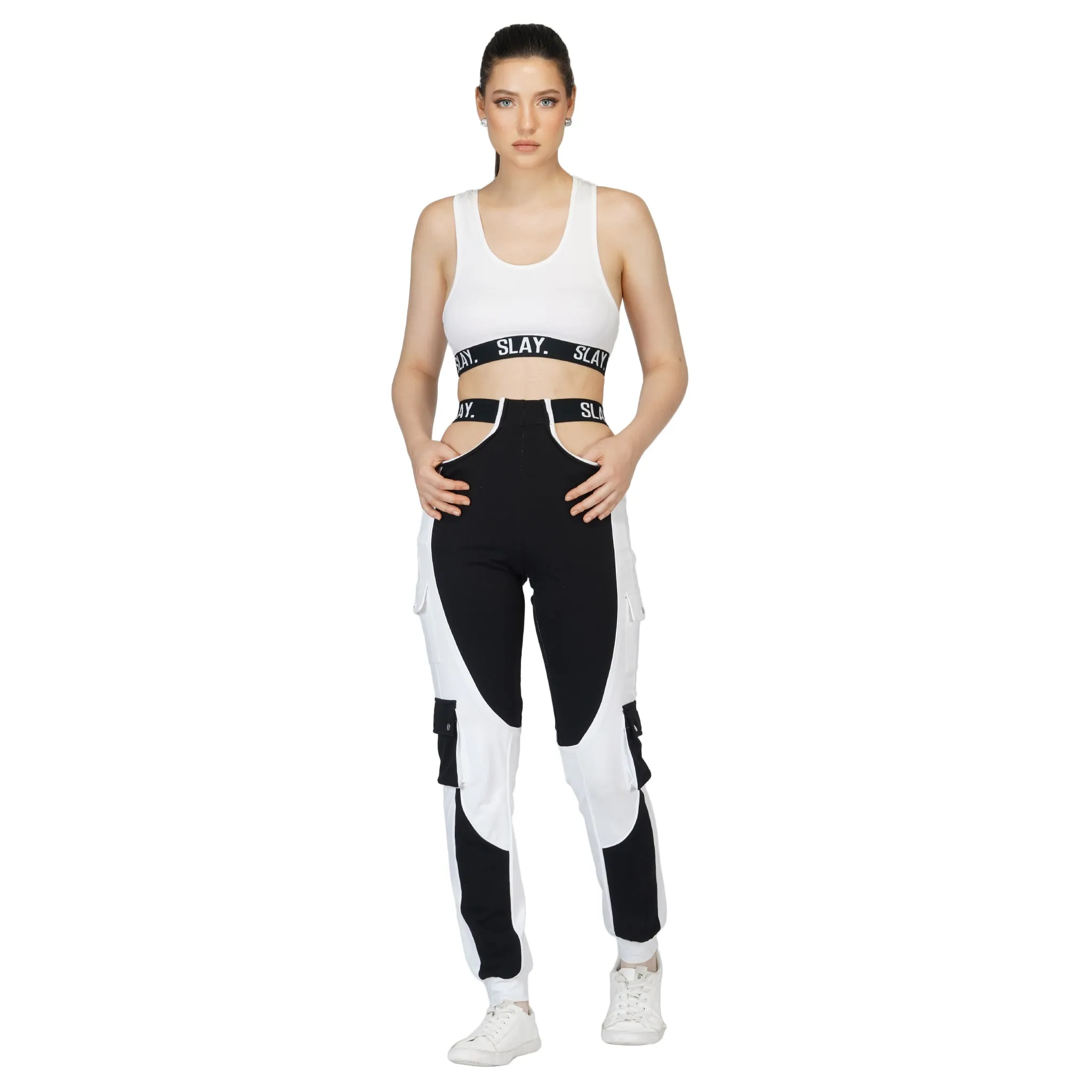 SLAY. Women's Tracksuit - Black & White Colorblock Crop Jacket & High Waist Cargo Pants Co-ord Set