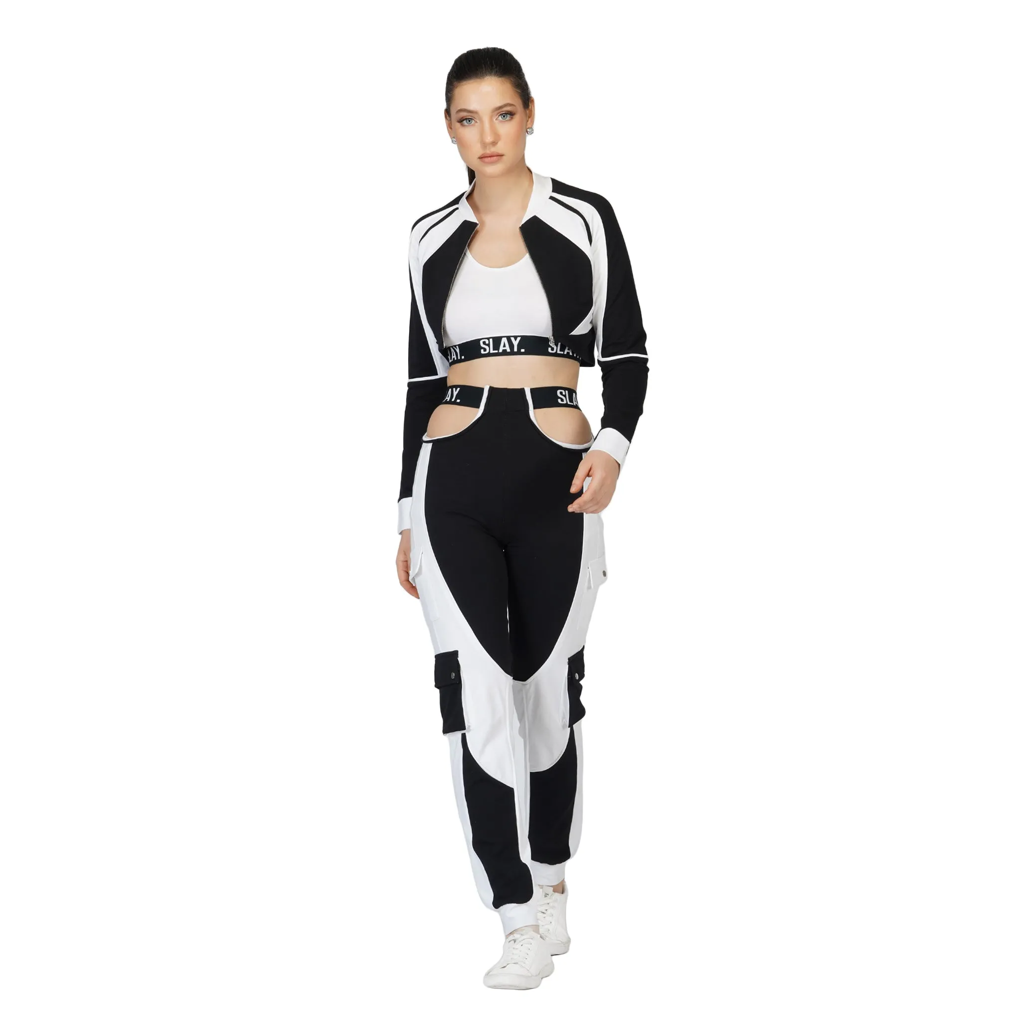 SLAY. Women's Tracksuit - Black & White Colorblock Crop Jacket & High Waist Cargo Pants Co-ord Set