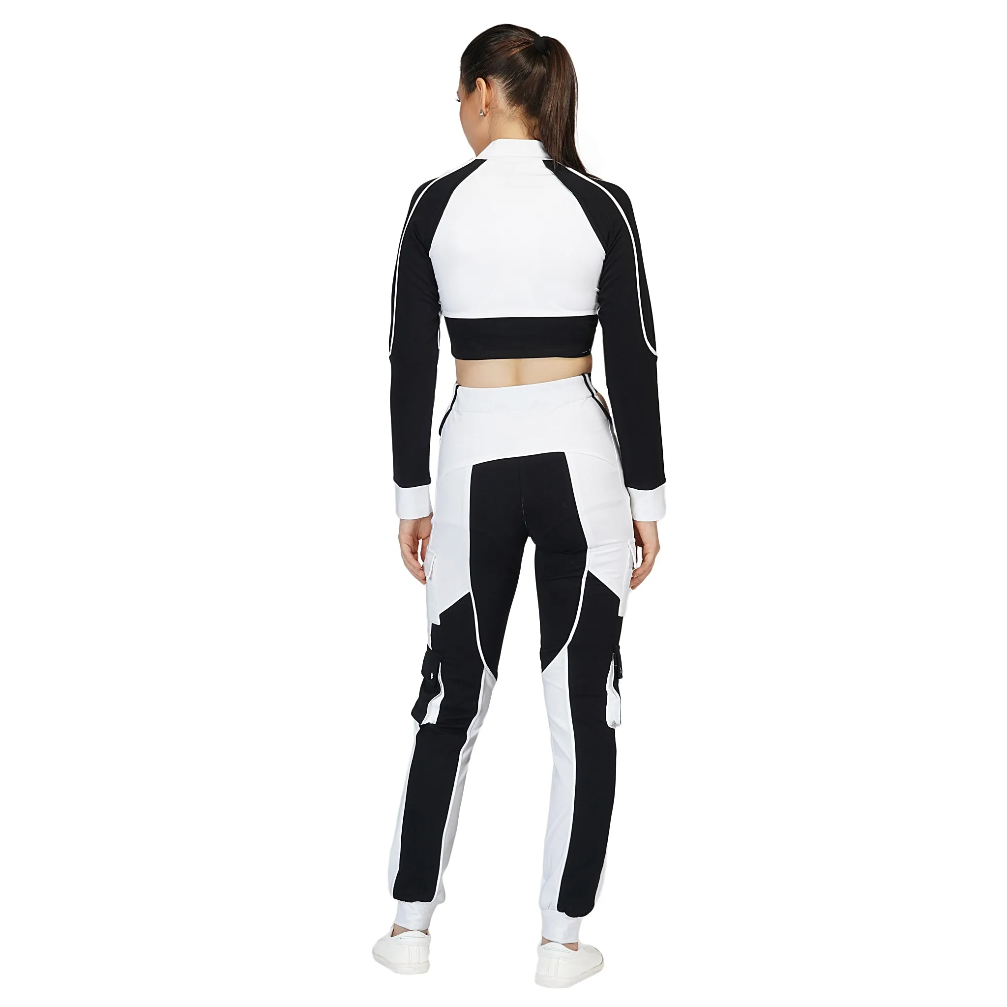 SLAY. Women's Tracksuit - Black & White Colorblock Crop Jacket & High Waist Cargo Pants Co-ord Set