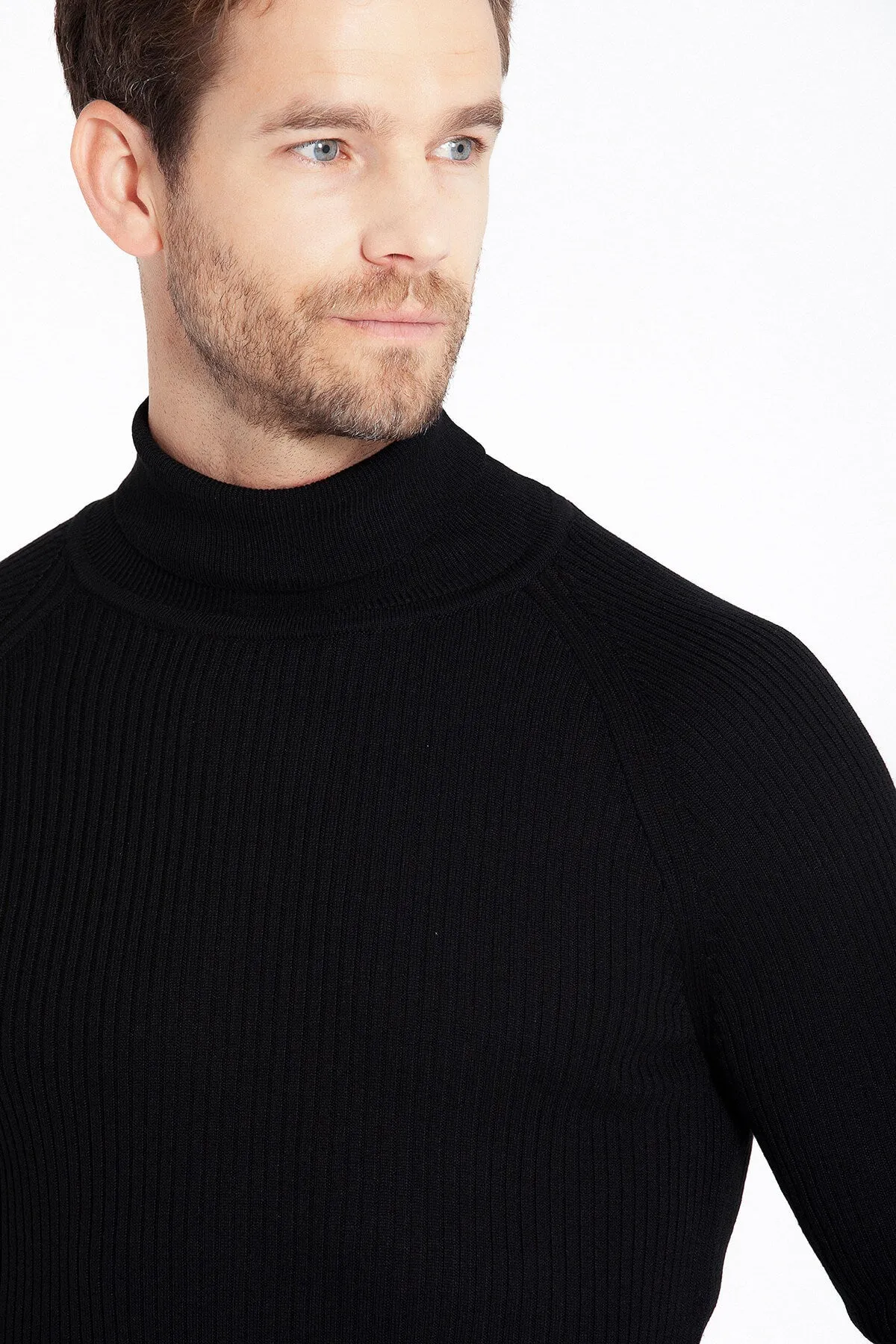 Slim Fit Patterned Gray Turtleneck Sweater, Black