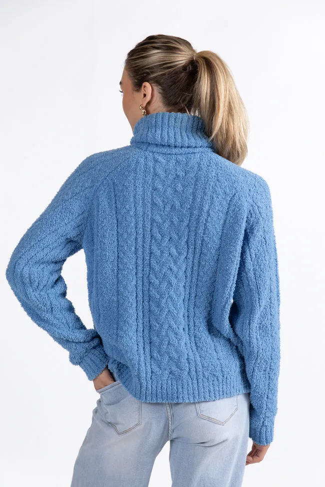 Snow Place Like Home Blue Fuzzy Cable Knit Turtleneck Sweater SALE