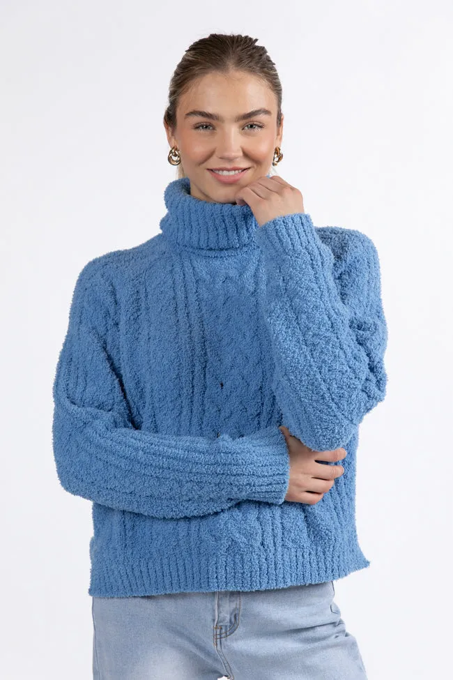 Snow Place Like Home Blue Fuzzy Cable Knit Turtleneck Sweater SALE