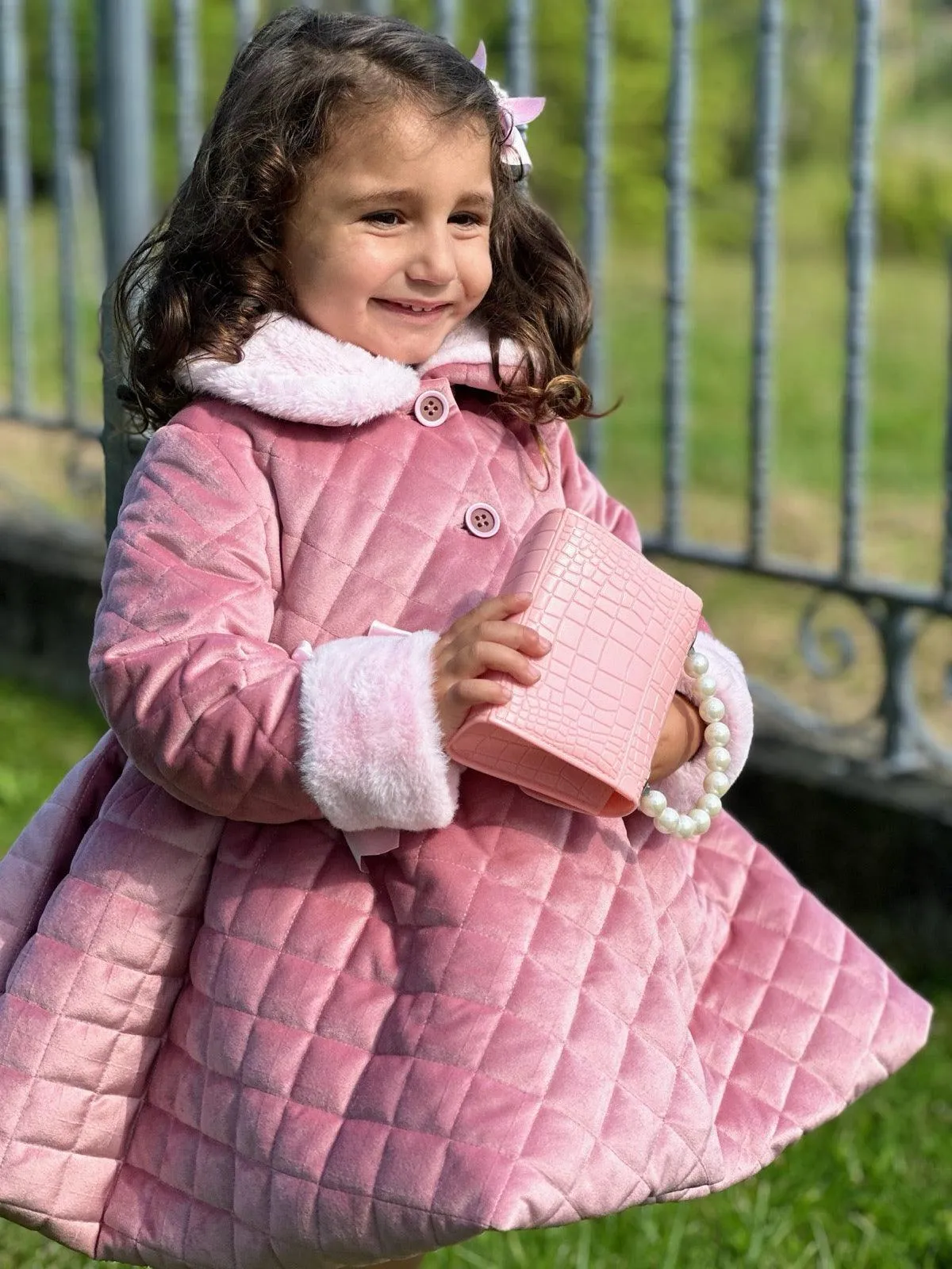 Sonata AW24 PRE-ORDER - Girls Pink Velvet Coat & Cape with Fur Trims