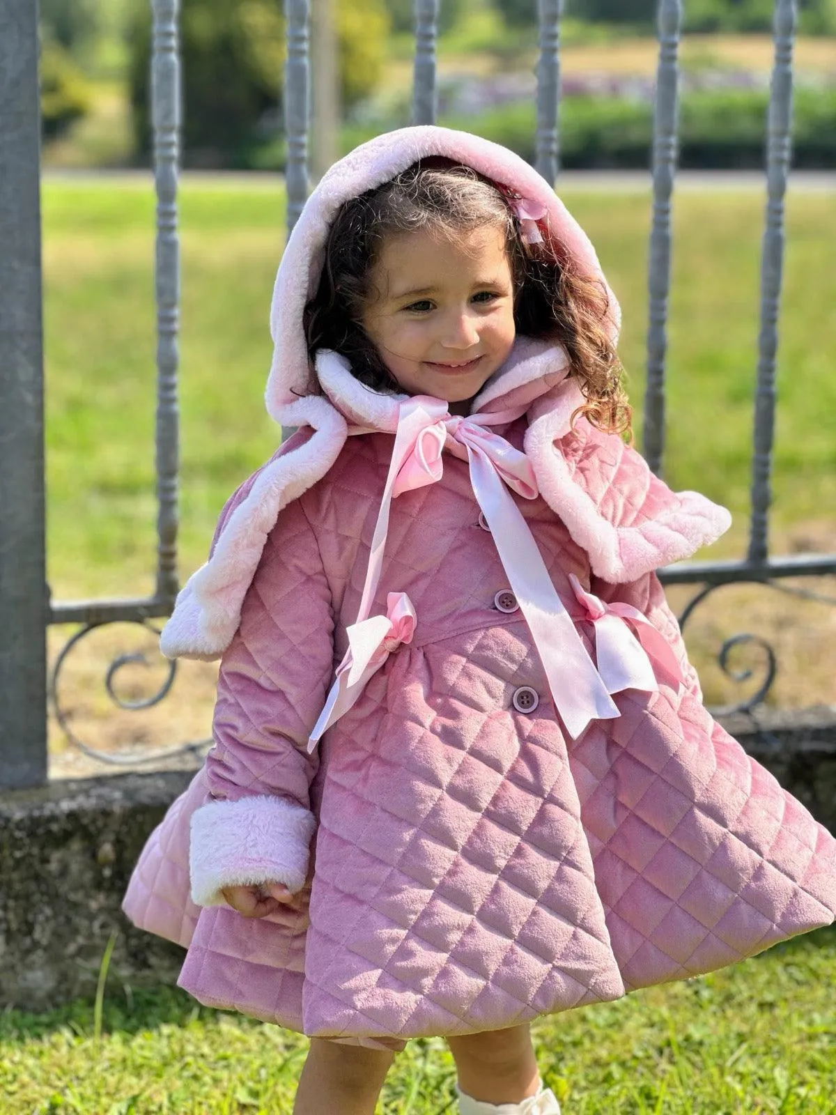 Sonata AW24 PRE-ORDER - Girls Pink Velvet Coat & Cape with Fur Trims