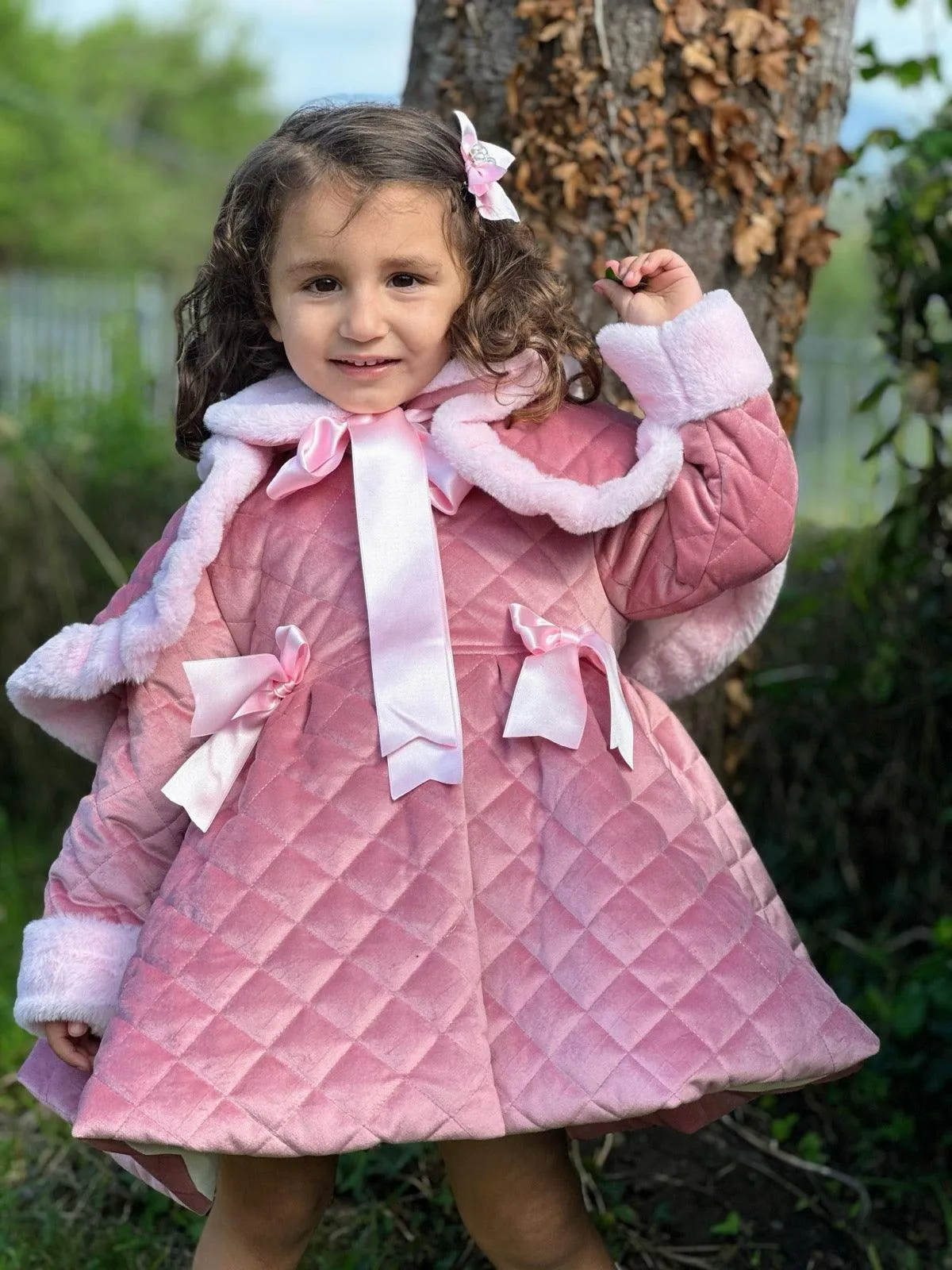 Sonata AW24 PRE-ORDER - Girls Pink Velvet Coat & Cape with Fur Trims