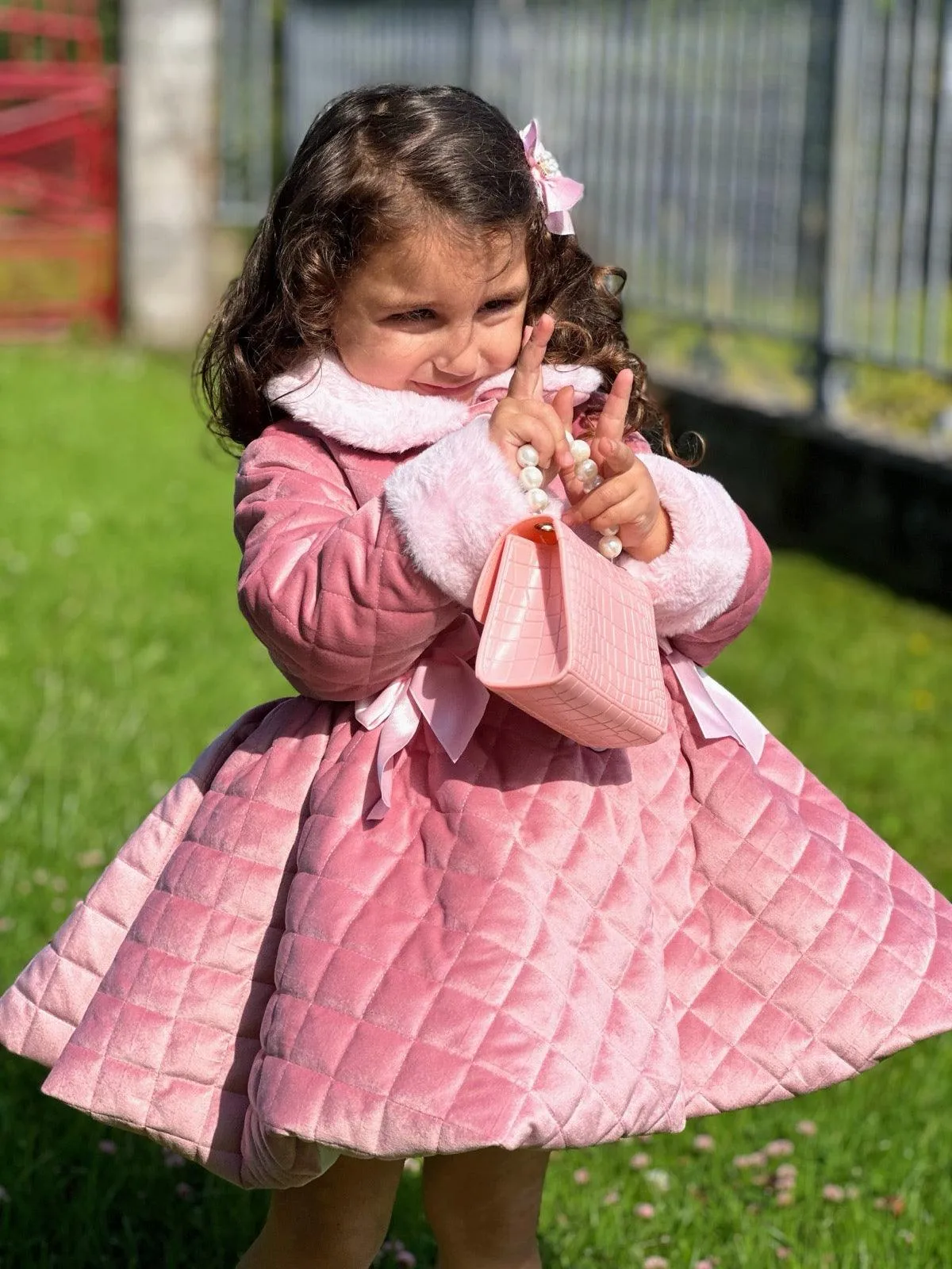 Sonata AW24 PRE-ORDER - Girls Pink Velvet Coat & Cape with Fur Trims