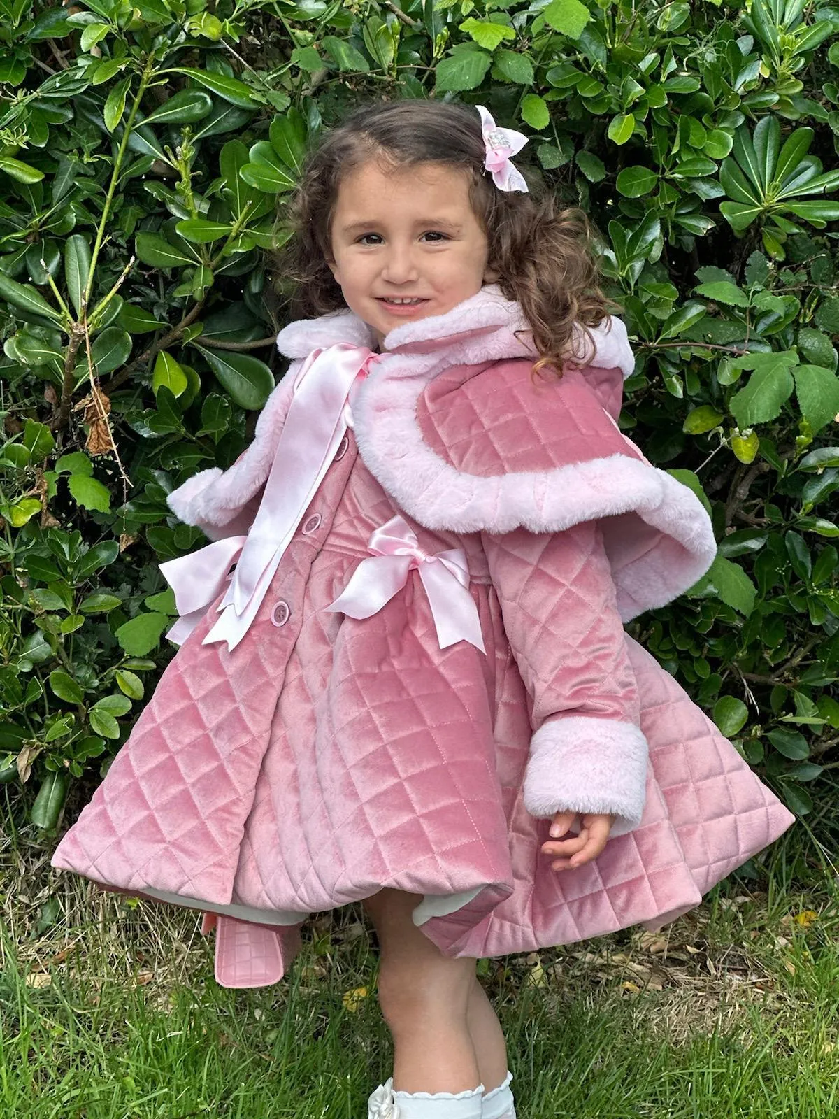 Sonata AW24 PRE-ORDER - Girls Pink Velvet Coat & Cape with Fur Trims